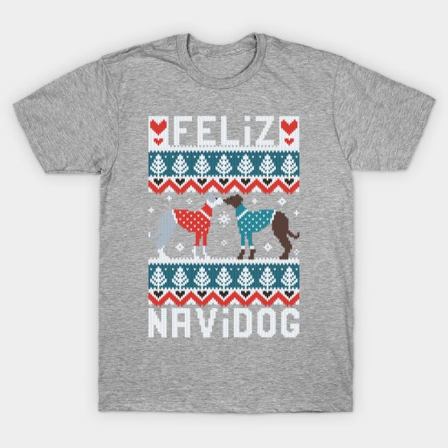 Feliz Navidog witty wordplay fair isle greyhounds // spot // grey background cute dogs dressed with teal and red knitted Christmas ugly sweaters pixel art T-Shirt by SelmaCardoso